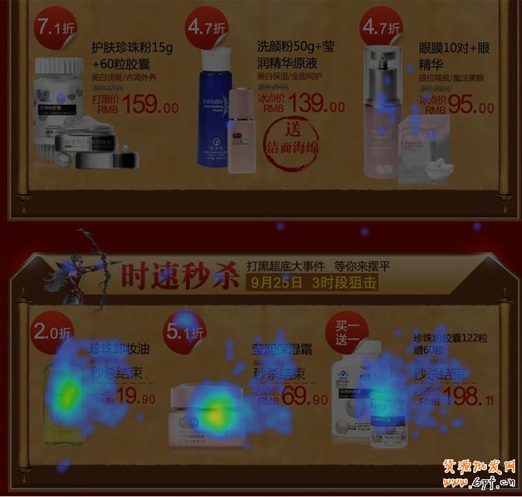 底部秒殺區塊點擊不錯，但并不給底部的產品帶來點擊，可以看到靠近區域的產品產生的點擊非常低。