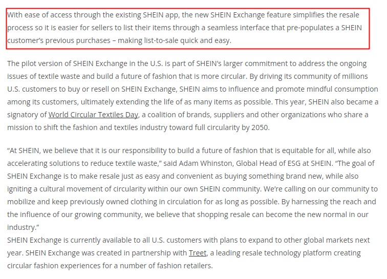 SHEIN宣布推出二手轉售平臺SHEIN Exchange